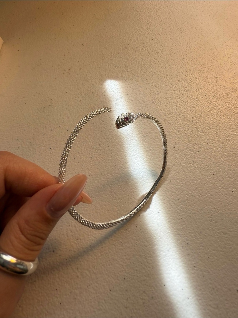 Silver Mesh Snake Cuff Bracelet with pink crystal eyes